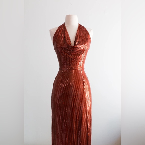 Vintage 1970s HOT LAVA Copper Sequined Halter Gown By Lillie Ruben / Small - Picture 5 of 11